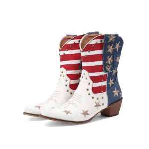 US Flag western cowgirl cowboy stars stripes mid calf boots