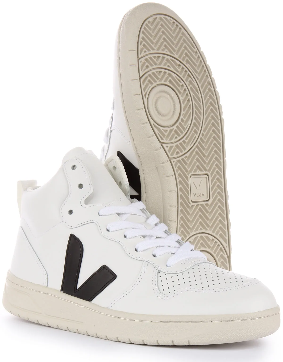 Veja V-15 Leather Trainers In White Black For Women