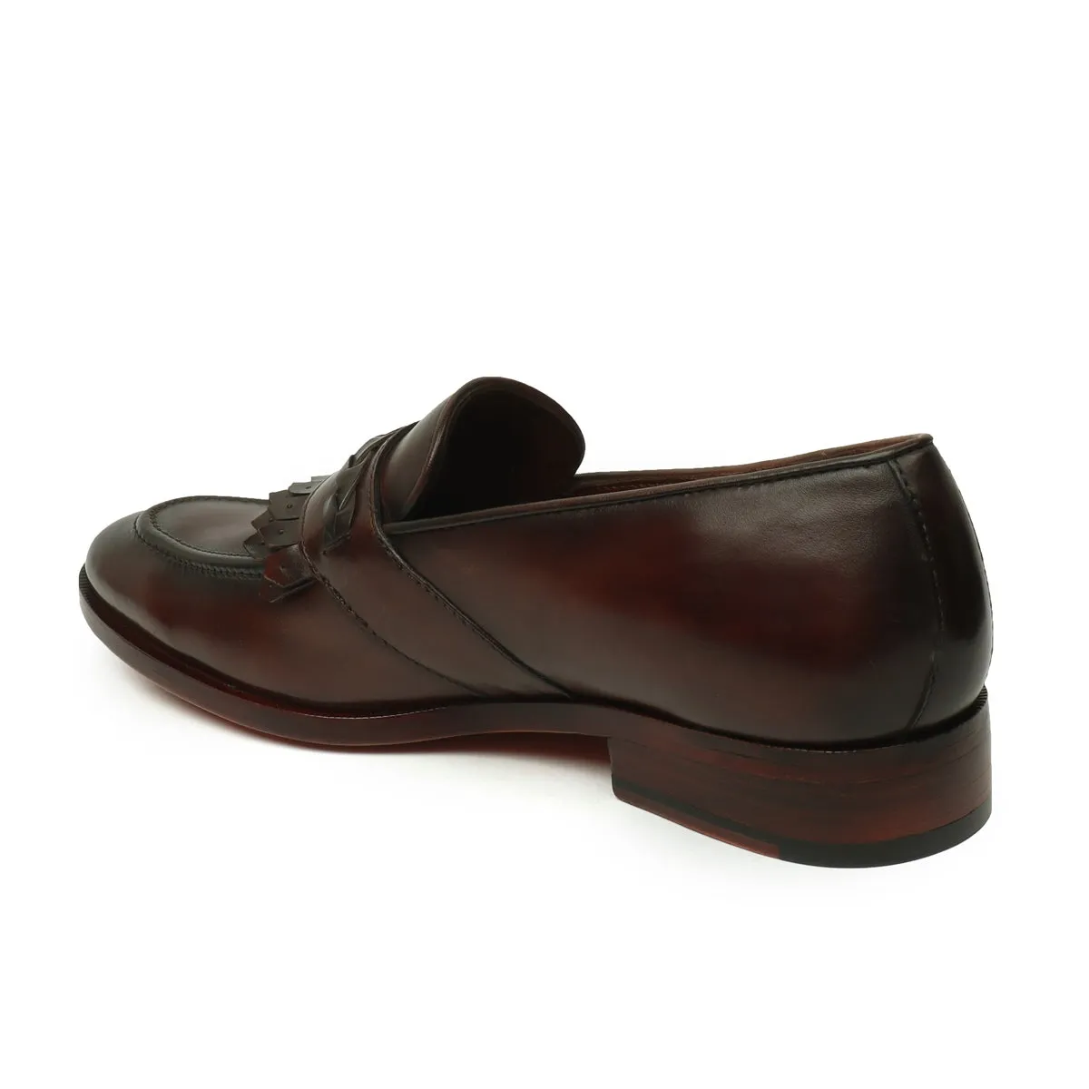 Weaved Strip Slip-On Loafers in Dark Brown Leather with Dual Fringes by Brune & Bareskin