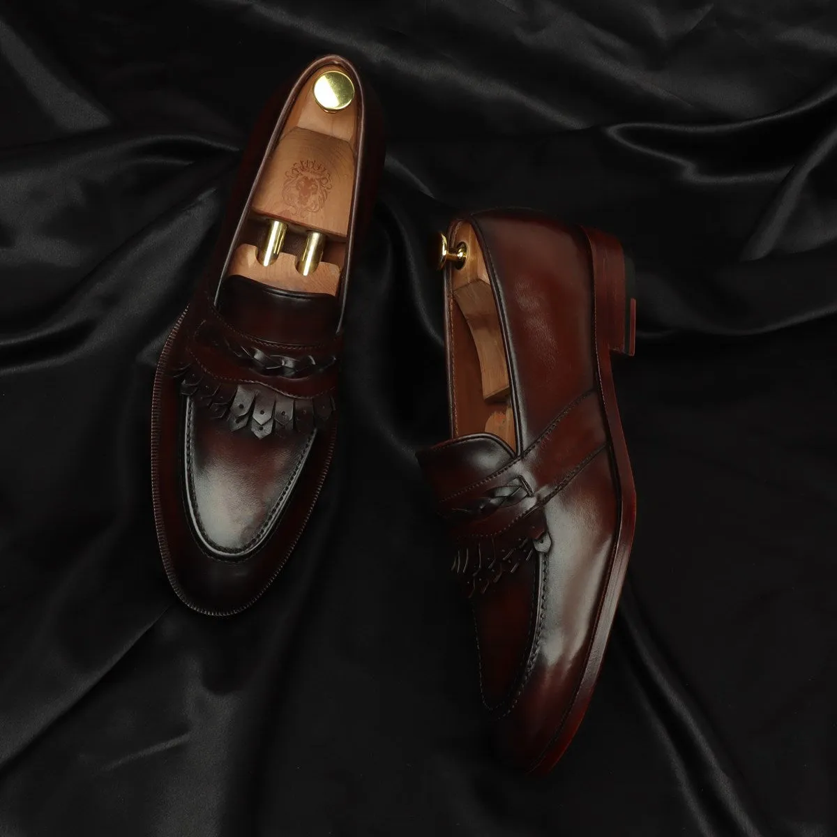 Weaved Strip Slip-On Loafers in Dark Brown Leather with Dual Fringes by Brune & Bareskin