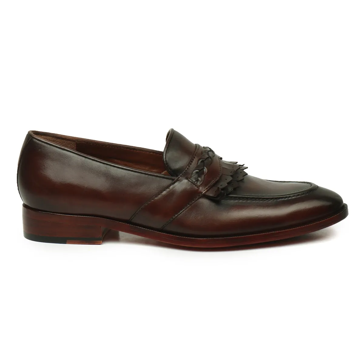 Weaved Strip Slip-On Loafers in Dark Brown Leather with Dual Fringes by Brune & Bareskin