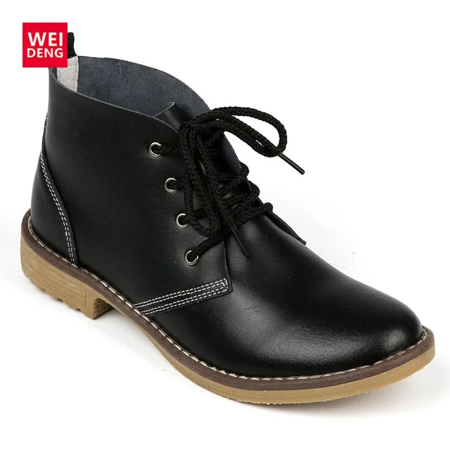 WeiDeng Genuine Leather Ankle Boots Women Classic Matin Fashion Flats Winter Lace Up High Top Casual Waterproof Shoes Female