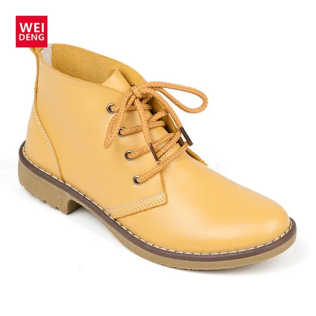 WeiDeng Genuine Leather Ankle Boots Women Classic Matin Fashion Flats Winter Lace Up High Top Casual Waterproof Shoes Female