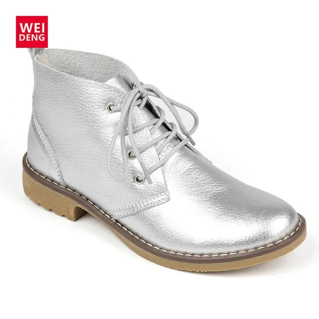 WeiDeng Genuine Leather Ankle Boots Women Classic Matin Fashion Flats Winter Lace Up High Top Casual Waterproof Shoes Female