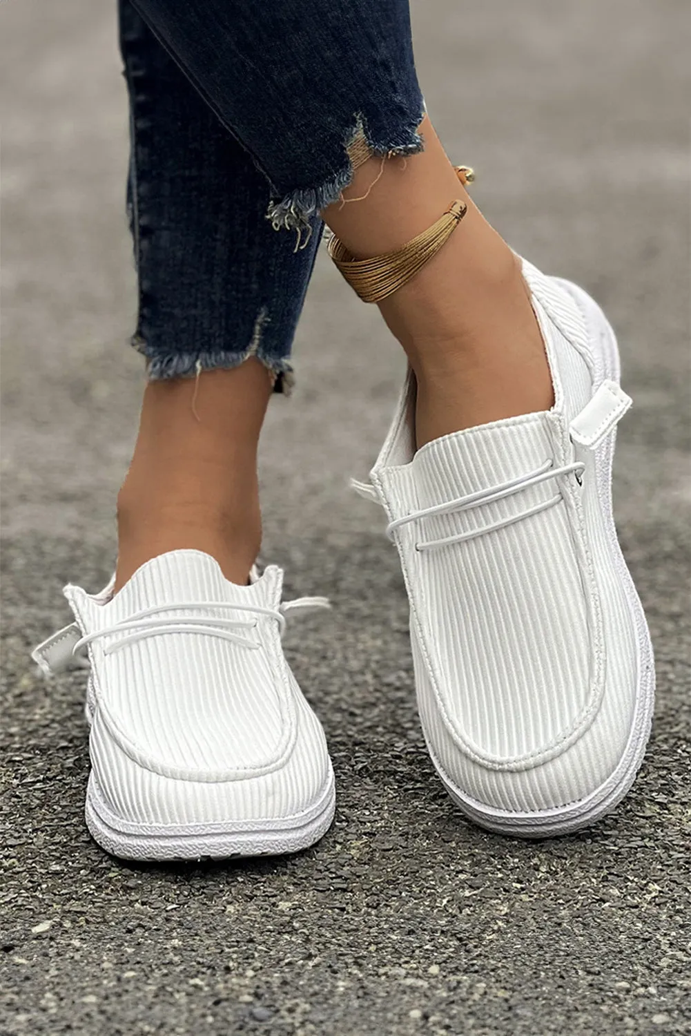 White Solid Color Striped Casual Loafers