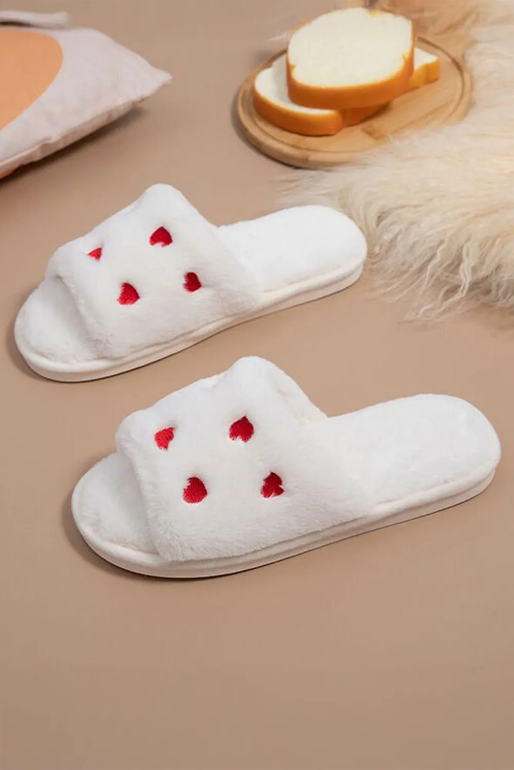 White Valentines Heart Pattern Open Toe Soft Fluffy Slippers