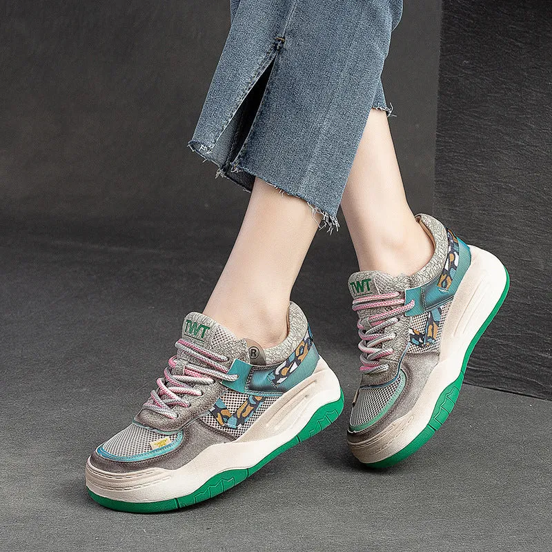 Women Fashion Breathable Mesh Leather Casual Dad Sneakers