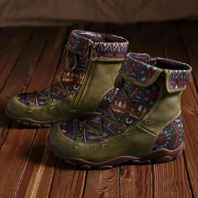 Women's ethnic floral print zipper lace-up boots retro ankle boots