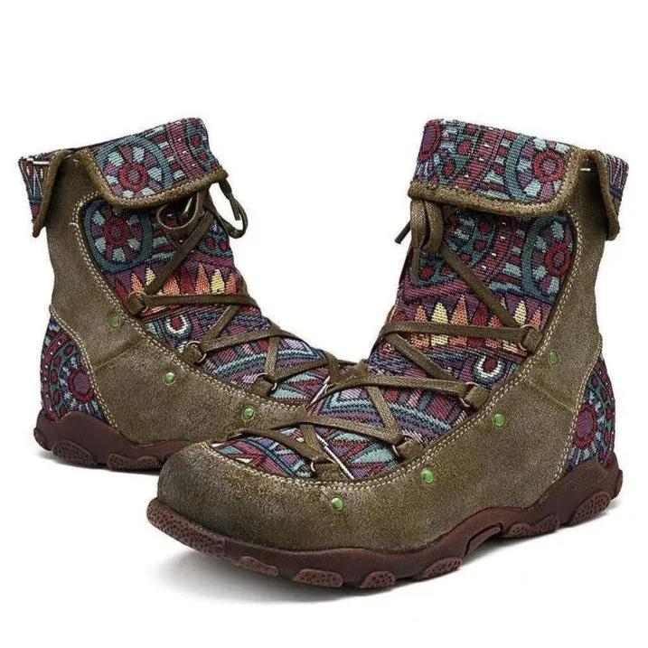 Women's ethnic floral print zipper lace-up boots retro ankle boots