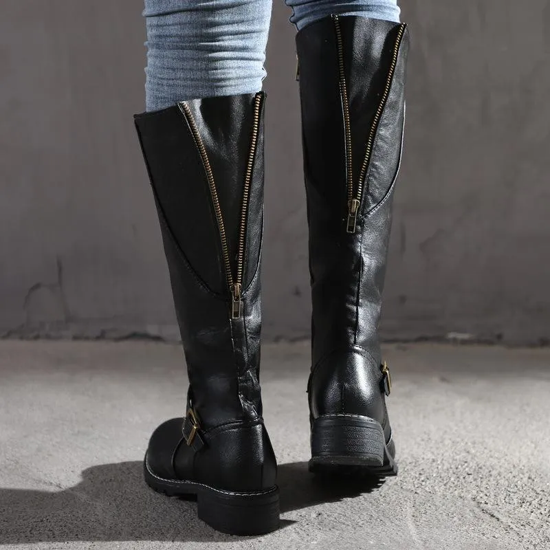 Women's knee high chunky zippper boots buckle strap biker boots with wide calf