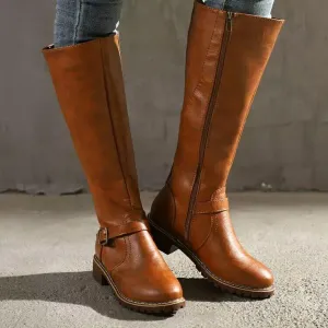 Women's knee high chunky zippper boots buckle strap biker boots with wide calf