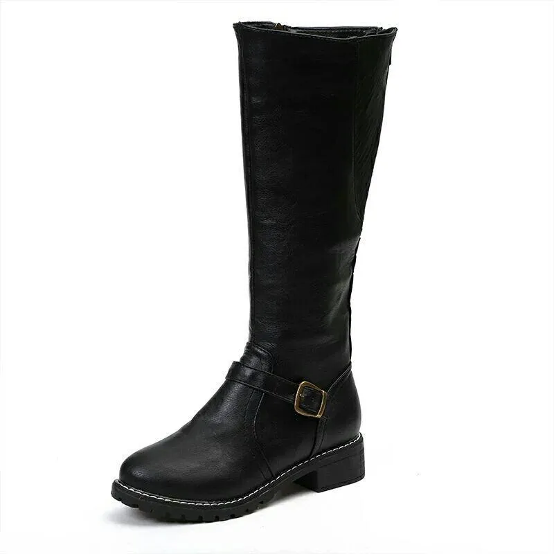 Women's knee high chunky zippper boots buckle strap biker boots with wide calf