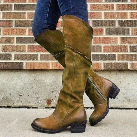 Women's over the knee western boots chunky low heel zipper retro boots