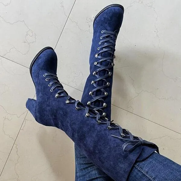 Women's vintage suede chunky block heel lace-up boots gothic steampunk boots