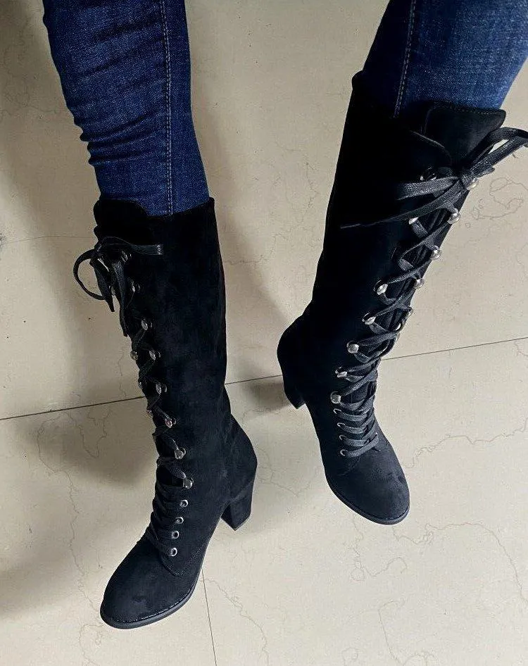 Women's vintage suede chunky block heel lace-up boots gothic steampunk boots