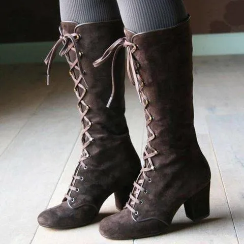 Women's vintage suede chunky block heel lace-up boots gothic steampunk boots