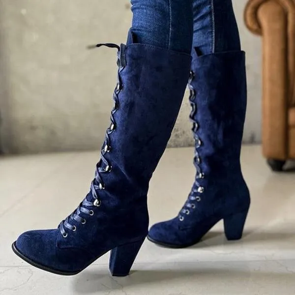 Women's vintage suede chunky block heel lace-up boots gothic steampunk boots