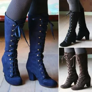 Women's vintage suede chunky block heel lace-up boots gothic steampunk boots